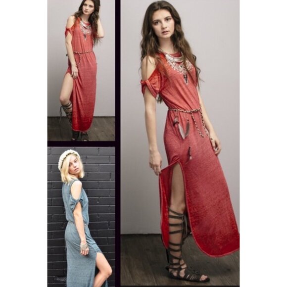 Free People Casual Black Cold Shoulder Side Slits Relaxed Boho Jersey Maxi Dress - Picture 5 of 14